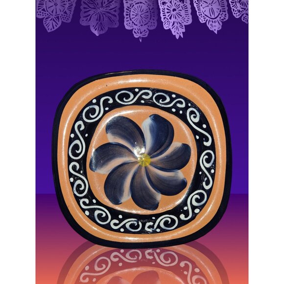 Mexican Red Clay Pottery Bowl Blue And White Flower And Scroll Design - Picture 2 of 7